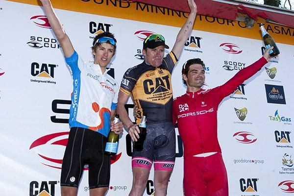 Final tour podium: George Bennett (2nd,BikeNZ Ridestrong), Gordon McCauley (1st,Hyster-Total Rush), and Rhys Pollock (3rd,Drapac Porsche).