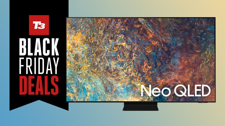 Samsung QN900A 80-inch TV with sign saying Black Friday Deals