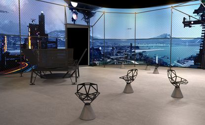 Interior of room with black metal chairs and panoramic view