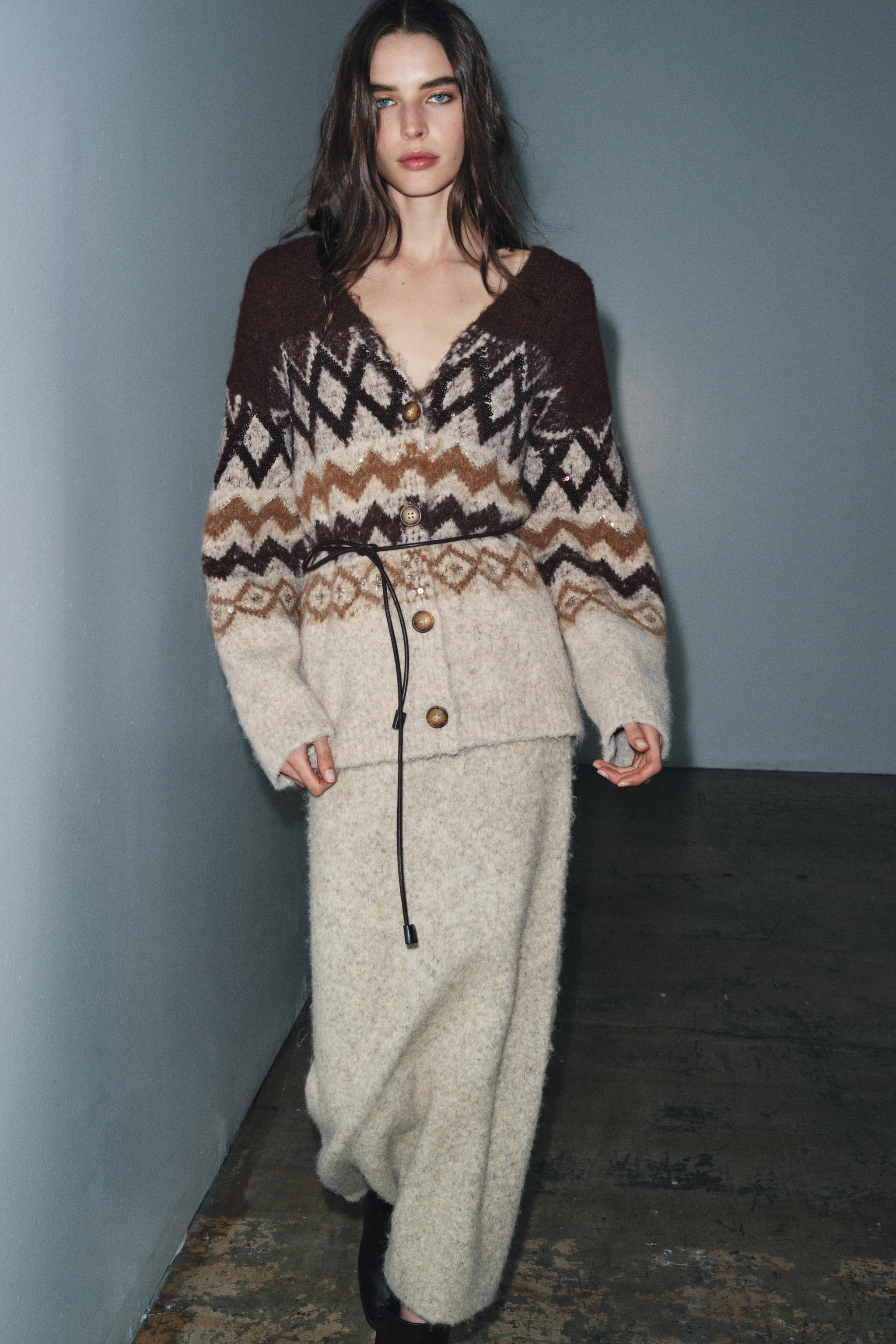 Sequined Jacquard Knit Cardigan With Belt