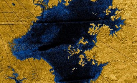 This image of a methane lake on Titan was captured by NASA&amp;#039;s Cassini spacecraft.