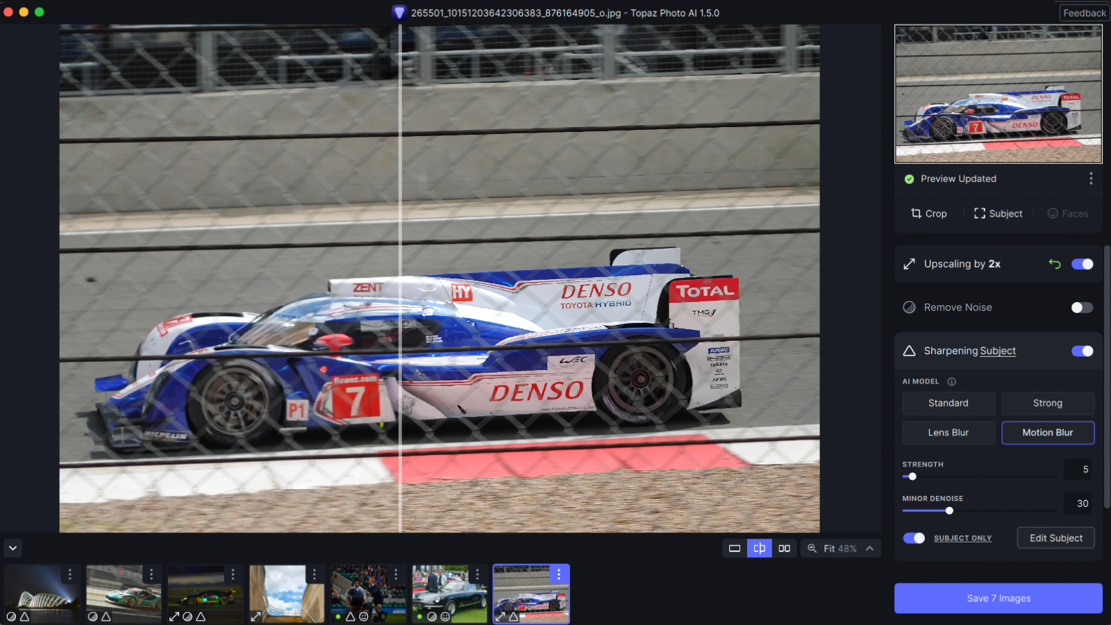 Topaz Photo AI correcting an image of an endurance racing car