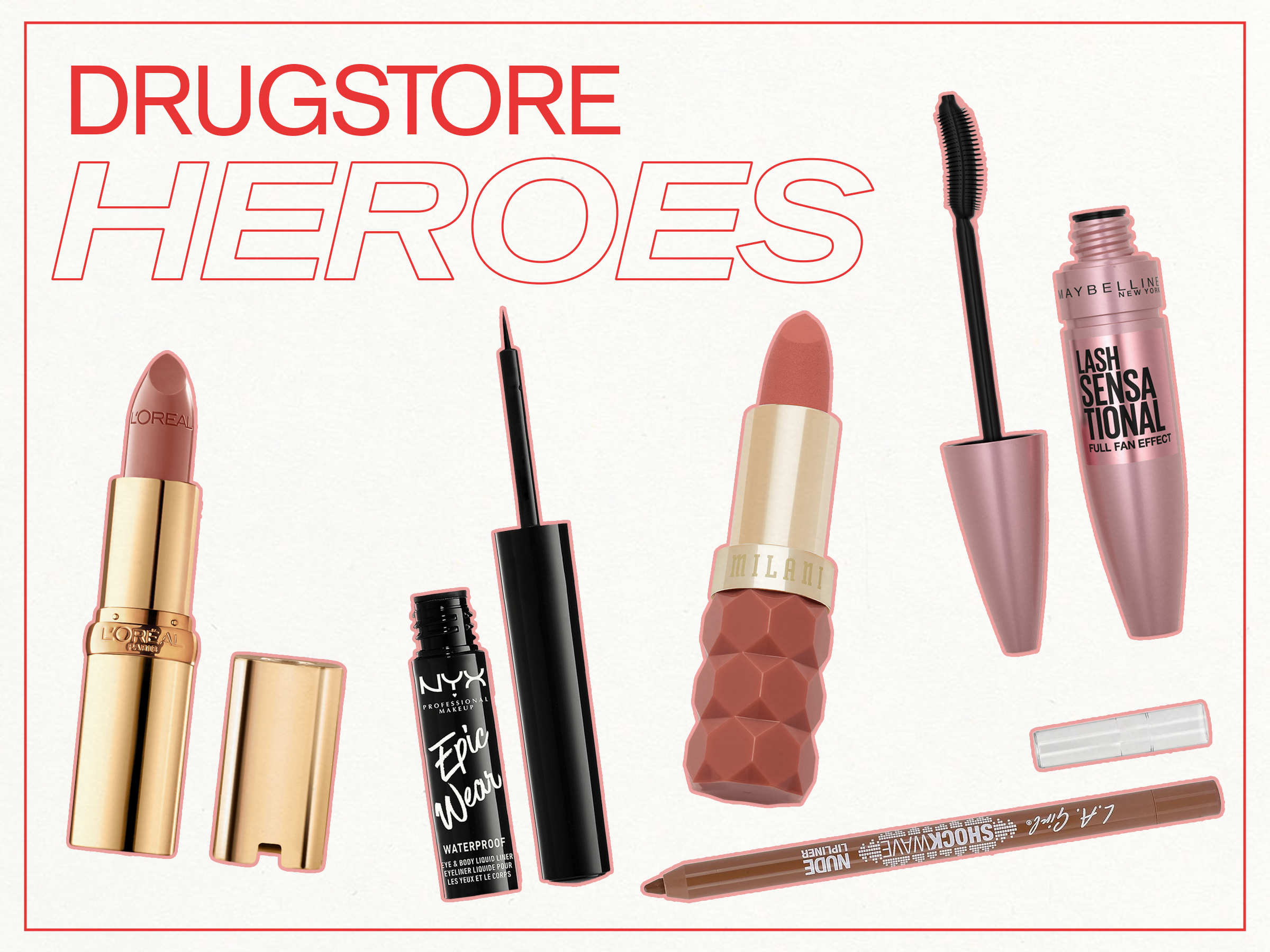 Drugstore makeup product collage.