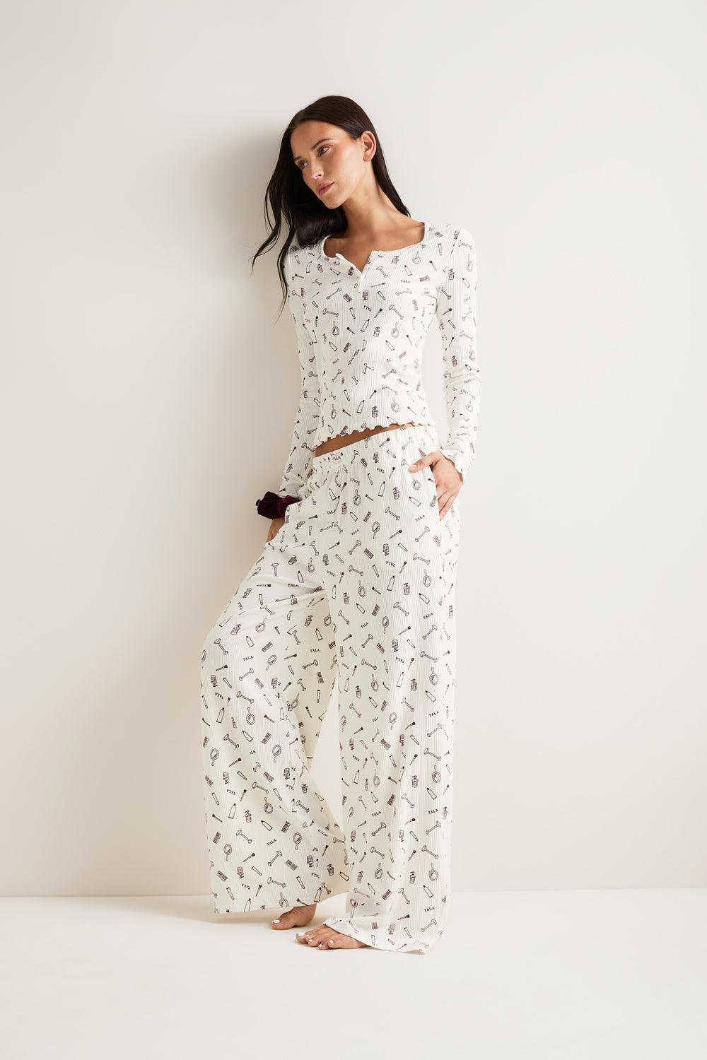 Wide Leg Pyjama Bottoms - Ivory 'wake Up' Print - Xs