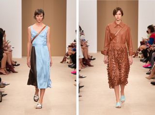 Two looks from Tod's S/S 2020 in Milan – a blue dress and a brown dress