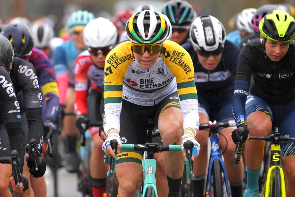 NOKERE BELGIUM MARCH 17 Sarah Roy of Australia and Team BikeExchange during the 3rd Nokere Koerse Danilith Classic 2021 Womens Elite a 124km race from Deinze to Nokere NokereKoerse on March 17 2021 in Nokere Belgium Photo by Luc ClaessenGetty Images