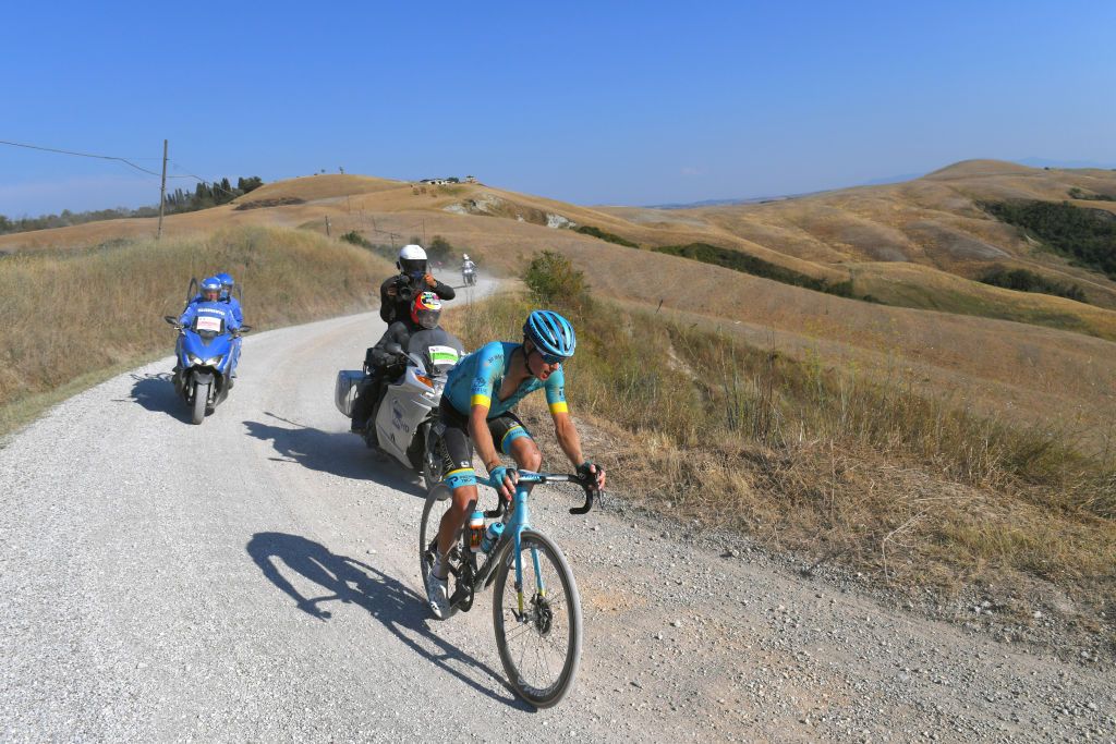 SIENA ITALY AUGUST 01 Jakob Fuglsang of Denmark and Astana Pro Team Gravel Strokes during the Eroica 14th Strade Bianche 2020 Men a 184km race from Siena to SienaPiazza del Campo StradeBianche on August 01 2020 in Siena Italy Photo by Tim de WaeleGetty Images