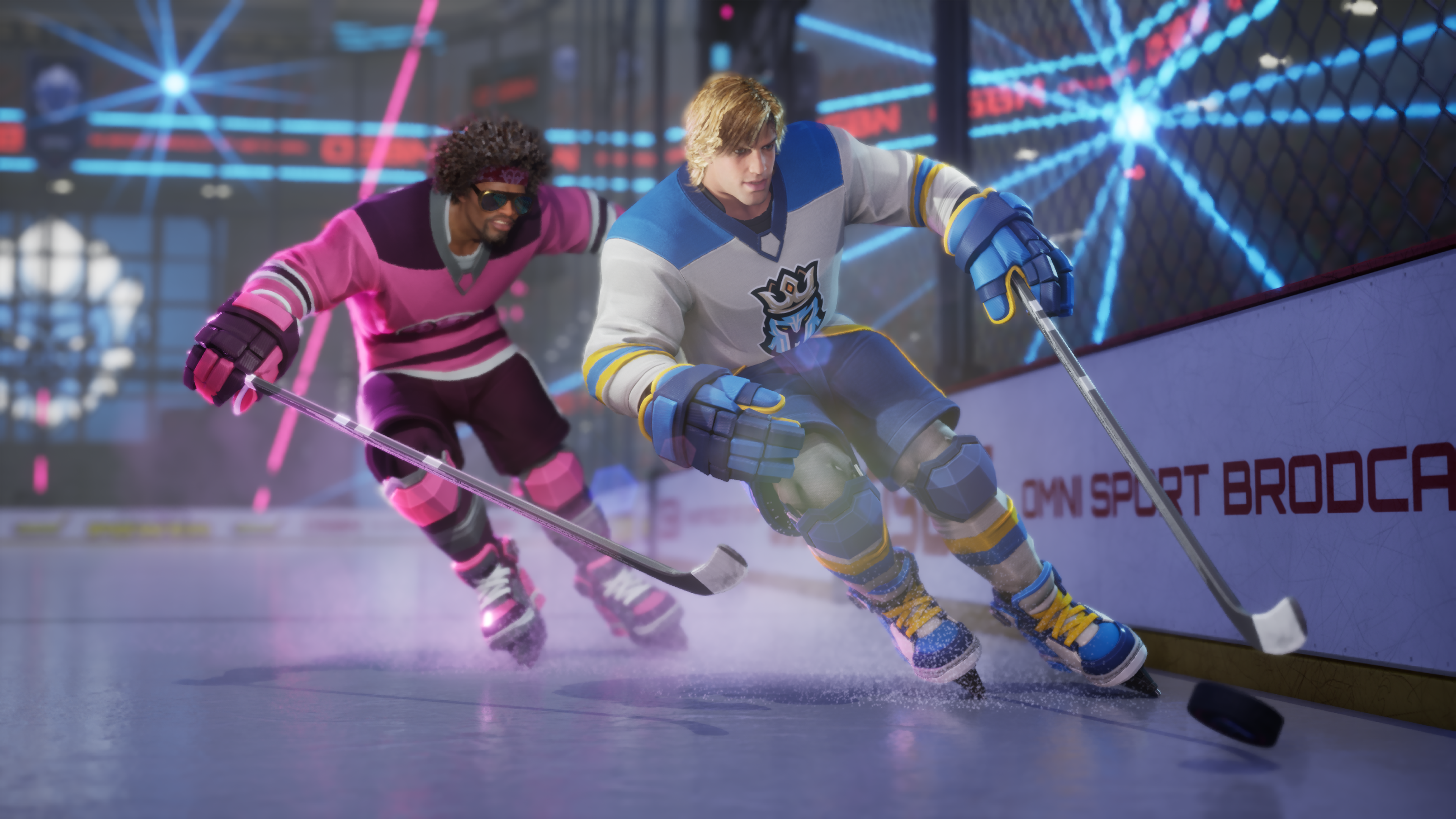 Two skaters chase the puck in Breakaway Hockey League