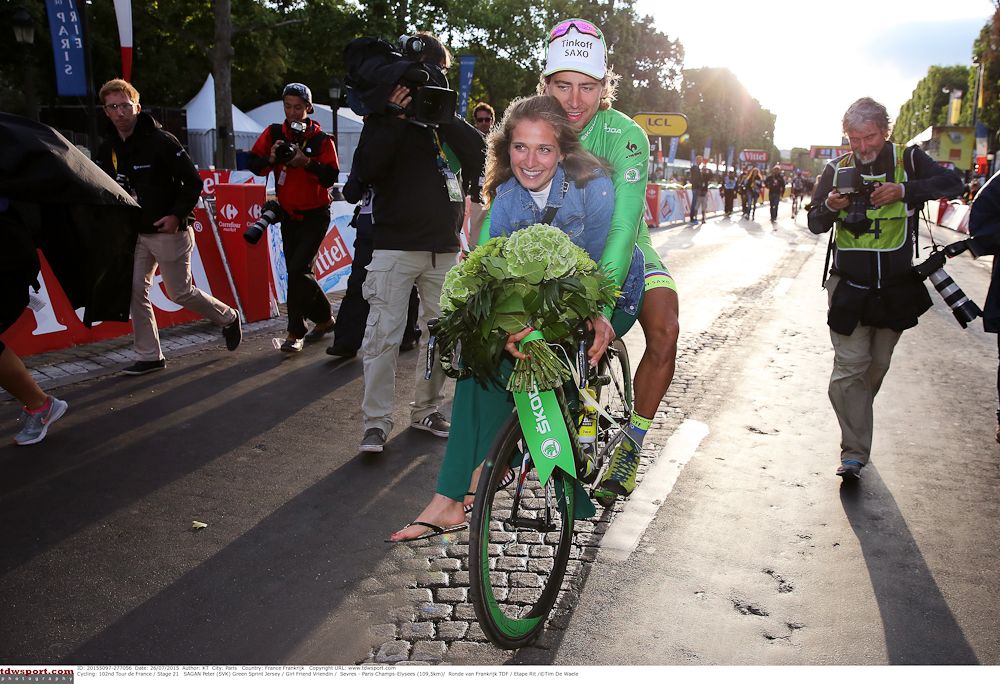 Peter Sagan and his girlfriend, Katarina Smolkova, ride away from the 2015 Tour de France behind.