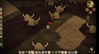 A strongman with a busted umbrella surrounded by a herd of beefalo.