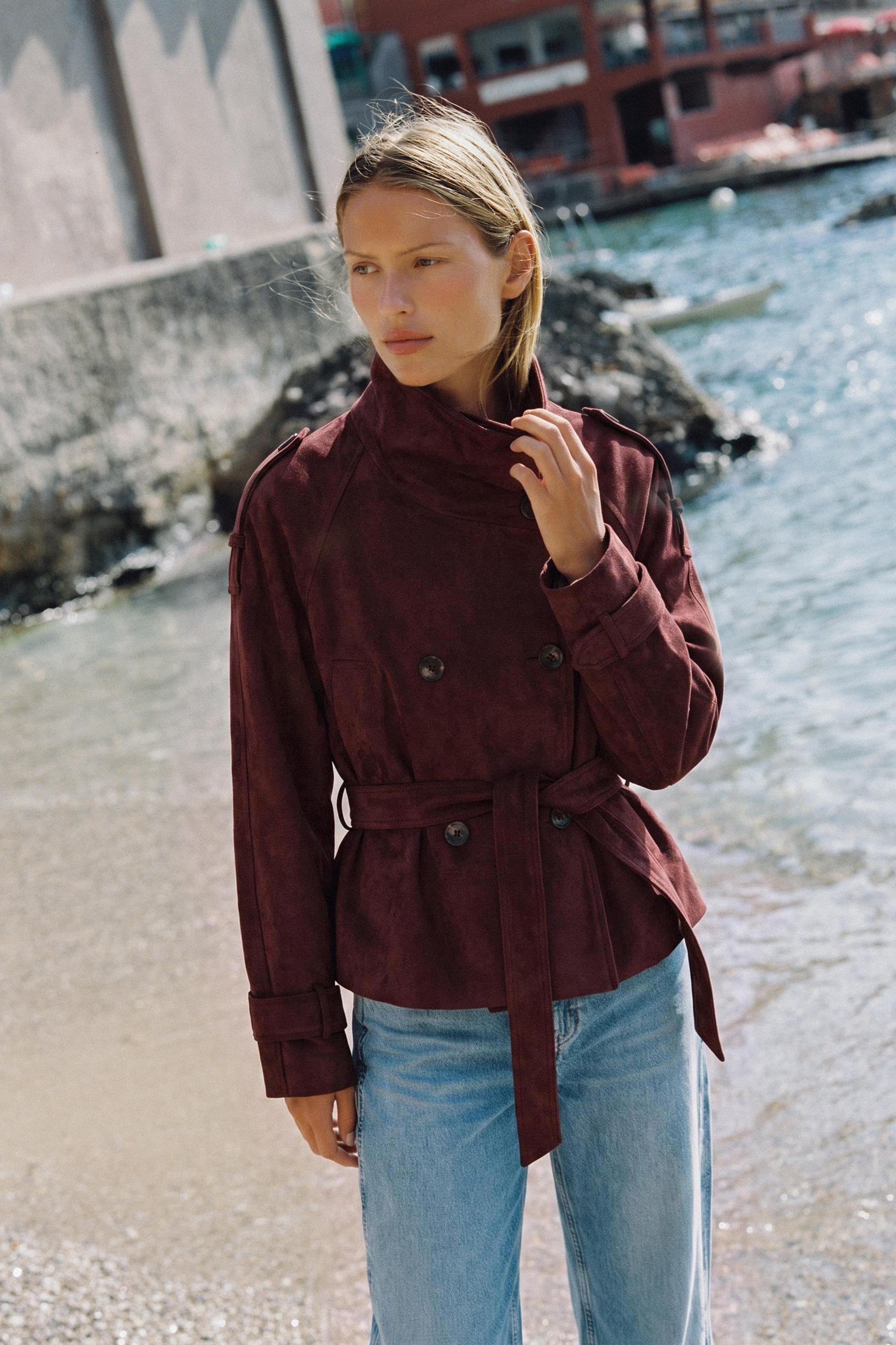 Faux Suede Jacket With Belt - Aubergine - Xs