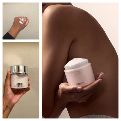 A collage of women testing the La Prairie body cream