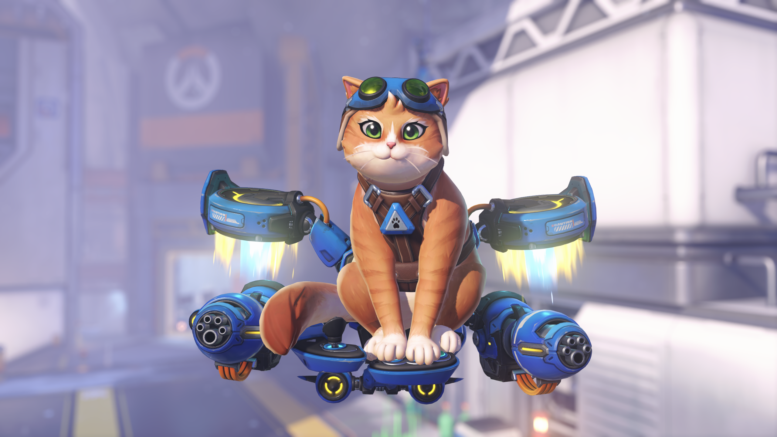 A screenshot of Jetpack Cat in Overwatch. An orange tabby cat with goggles is standing on a flying contraption with guns and boosters attached.