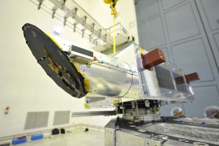 A close-up of the Canadian Space Agency's NEOSSat asteroid-tracking satellite, which launches in February 2013 to search for large space rocks and space debris.