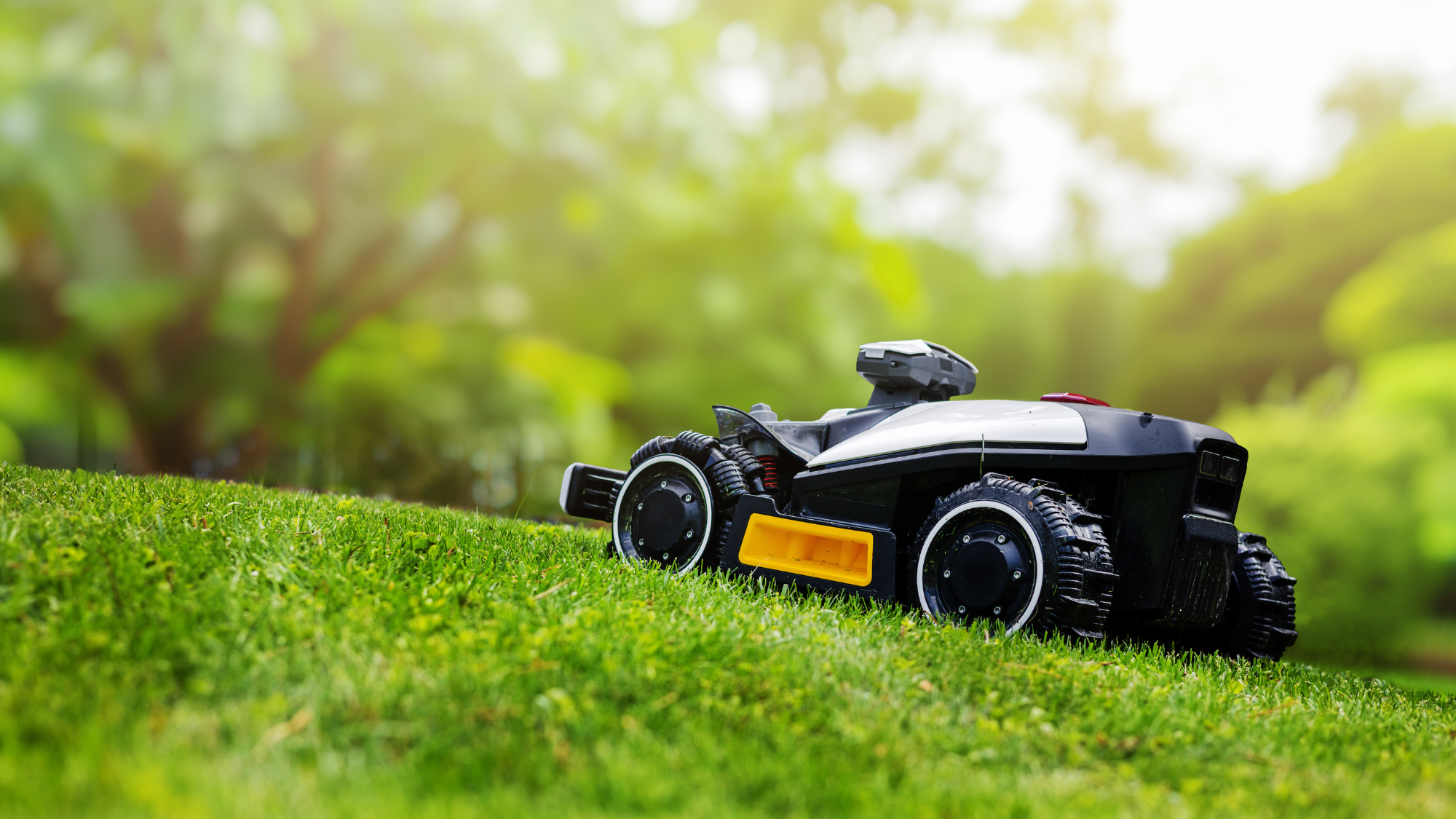 Robotic lawn mower on grass with trees in the background