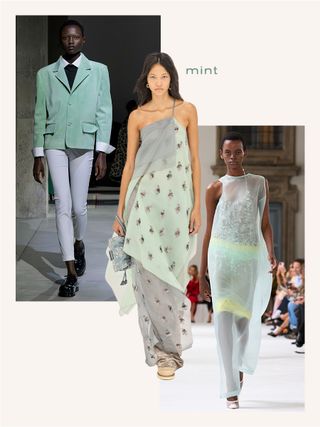 A collage with the words "mint" printed on it and three S/S 25 runway images from Marni, Fendi, and Sportmax.