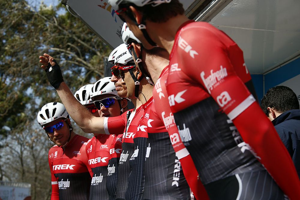 Trek-Segafredo on stage before the start of stage 1 in Algarve