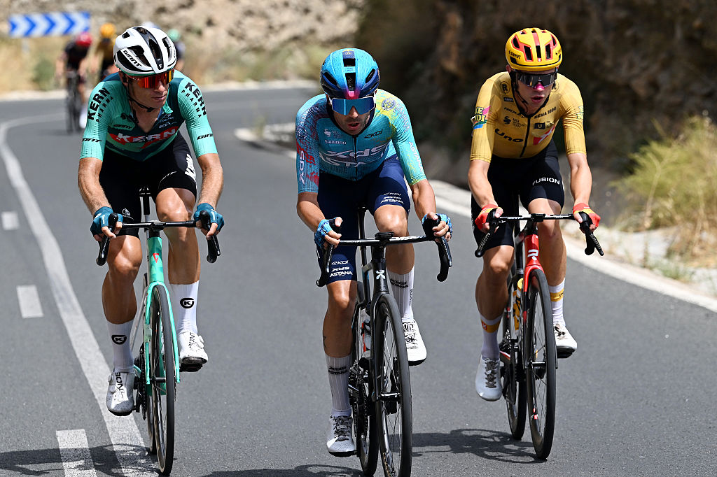 LOJA, SPAIN - SEPTEMBER 04: (L-R) Inigo Elosegui of Spain and Team Equipo Kern Pharma, Cristian Rodriguez of Spain and Team XDS Astana and Andreas Kron of Denmark and Team Uno-X Mobility attack in the breakaway during the La Vuelta - 81st Tour of Spain 2026, Stage 13 a 192.8km stage from Almu&amp;ntilde;ecar to Loja 501m / #UCIWT / on September 04, 2026 in Loja, Spain. (Photo by Tim de Waele/Getty Images)