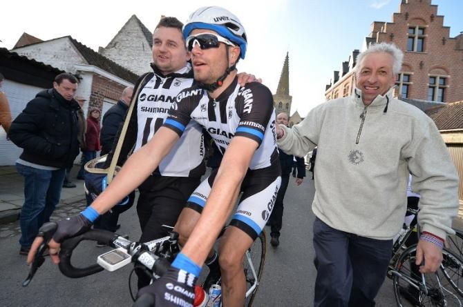 Luka Mezgec (Team Giant-Shimano) makes his way to the podium after winning the Handzame Classic