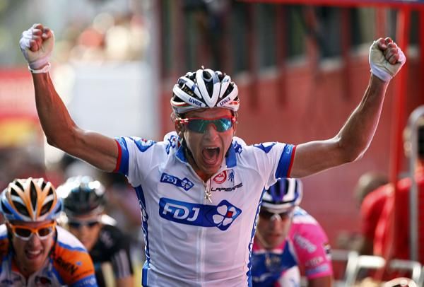 Yauheni Hutarovich (FDJ) shouts with delight after topping Cavendish for the stage win.
