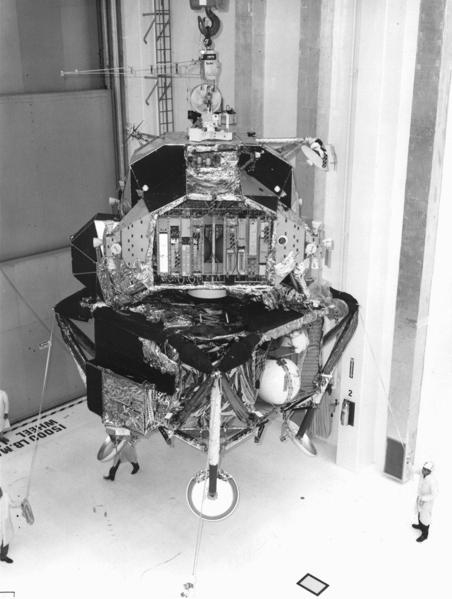 The Apollo 11 LM-5 being prepared to be placed in the spacecraft adapter before the mission's launch.