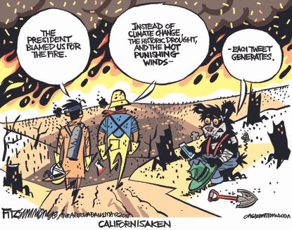 Political cartoon U.S. Trump California fire climate change drought wind Twitter
