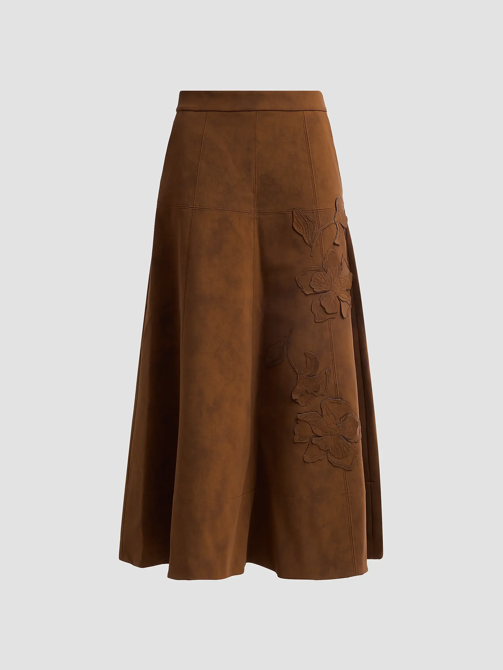 Kara Floral-Embroidered Faux-Suede Midi Skirt