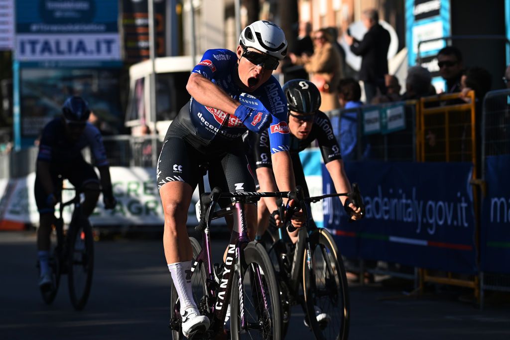 SAN BENEDETTO DEL TRONTO ITALY MARCH 12 EDITORS NOTE Alternate crop Jasper Philipsen of Belgium and Team AlpecinDeceuninck celebrates at finish line as stage winner during the 58th TirrenoAdriatico 2023 Stage 7 a 154km stage from San Benedetto del Tronto to San Benedetto del Tronto UCIWT TirrenoAdriatico on March 12 2023 in San Benedetto del Tronto Italy Photo by Tim de WaeleGetty Images