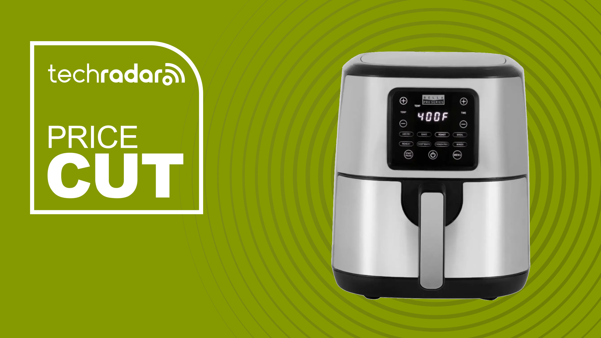 Bella Pro Air Fryer on a green background