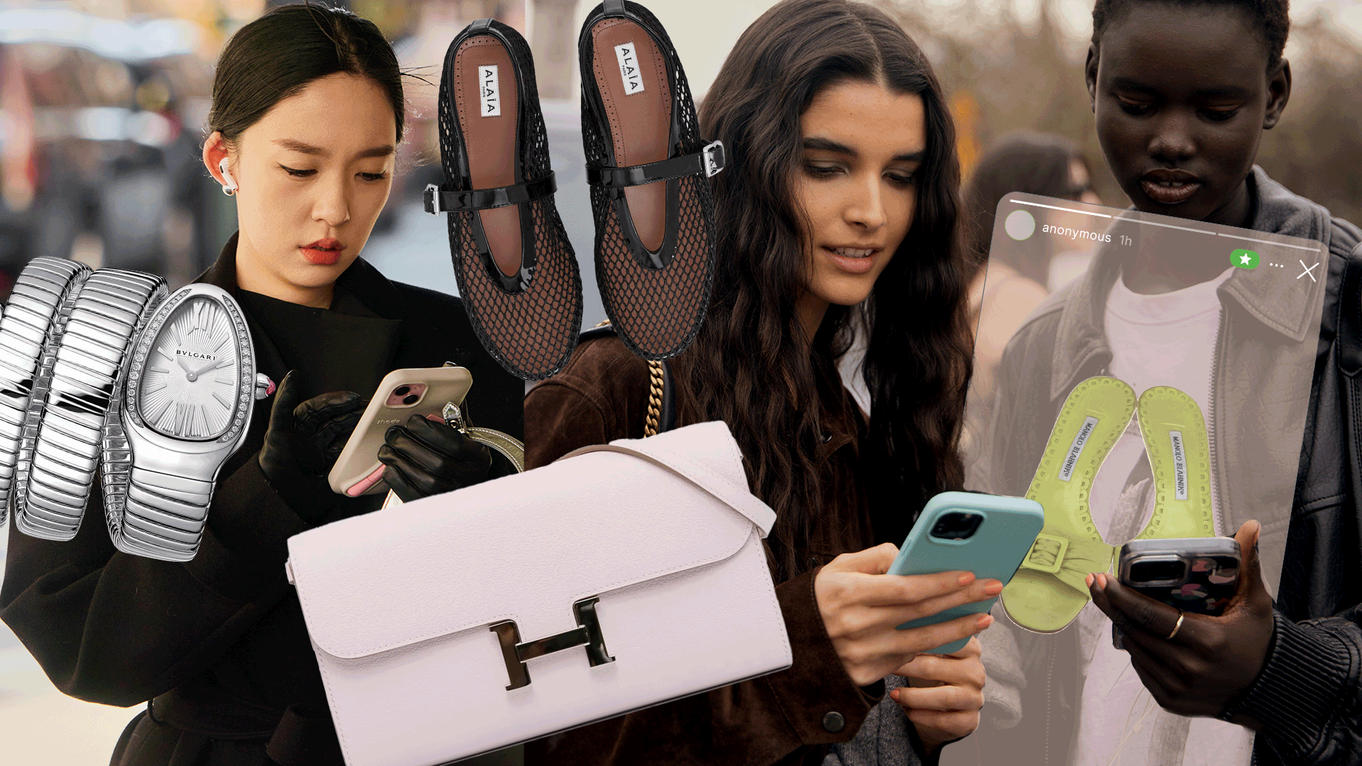 a collage of street style imagery and product photos showing luxury fashion items sold in exclusive circles