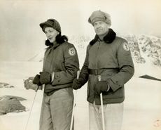 Jackie Ronne and her husband Finn on skis in Antarctica during an expedition from 1946-1948.