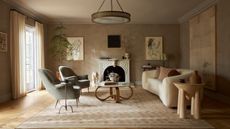 A mid century living room with a white tiled fireplace and a large circular rug