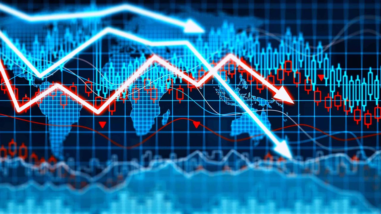 blue stock market chart with down arrows