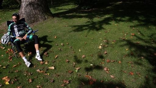 Spain's Alberto Contador relaxes in the gardens of Discovery Channel's team hotel