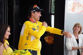 Fabian Cancellara (Saxo Bank) dons the yellow jersey.