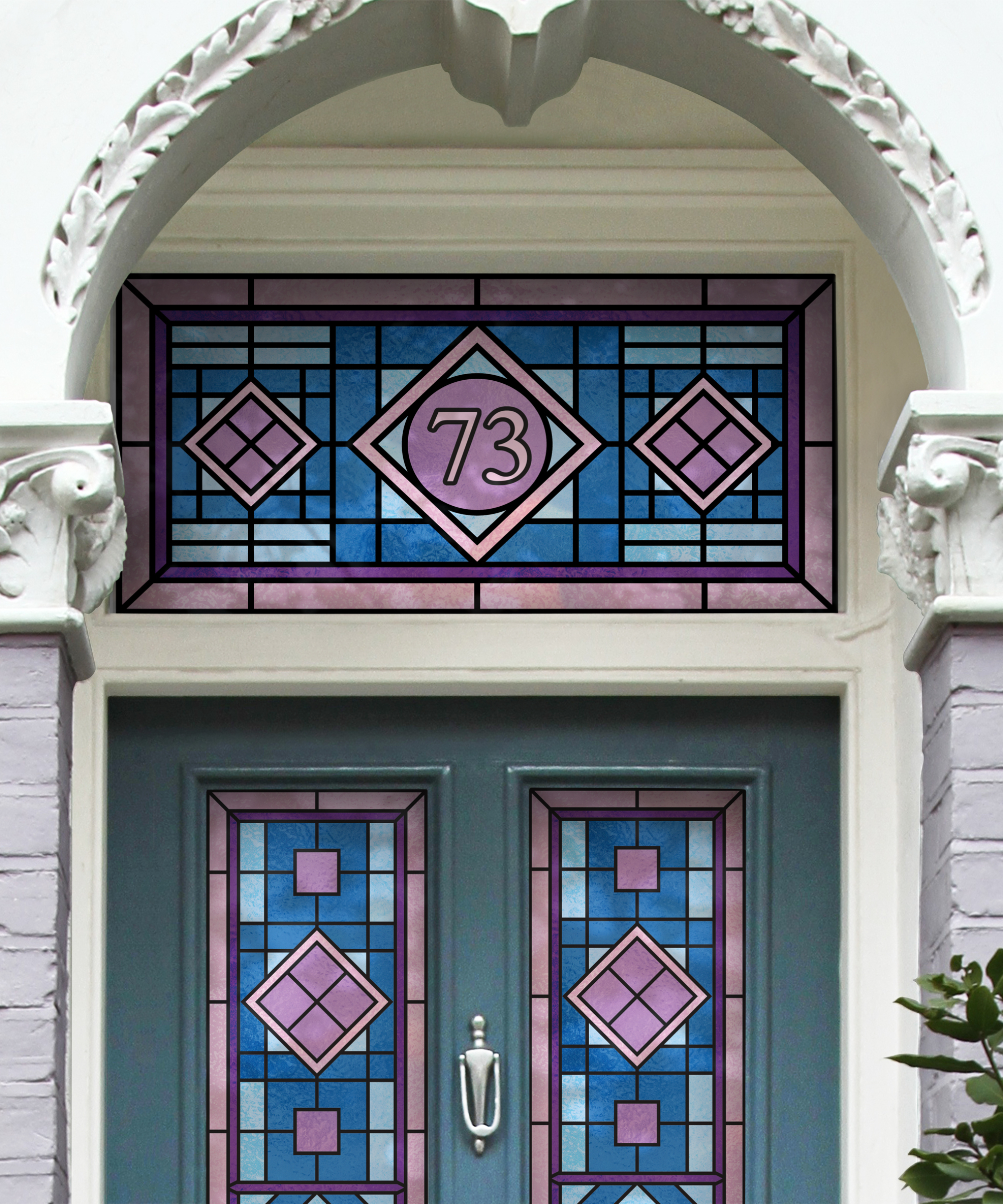 Victorian property with arched entrance porch and stained glass style pink and blue window film on glass panels of door and transom window