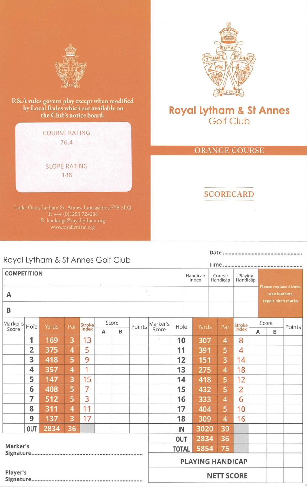 Royal Lytham and St Annes Golf Club orange scorecard