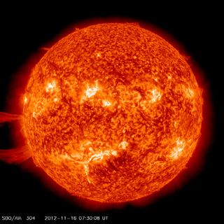 A giant solar prominence erupts from the sun on Nov. 16, 2012, in this image captured by NASA's sun-watching Solar Dynamics Observatory. 