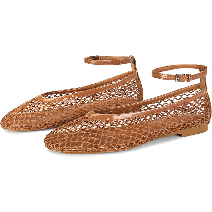 Wnshonzy, Wnshonzy Mesh Ballet Flats for Women Round Toe Fishnet Ballerina Flat Shoes Buckle Strap Women’s Mesh Mary Jane Flats Comfy Casual Office Womens Summer Brown Tan