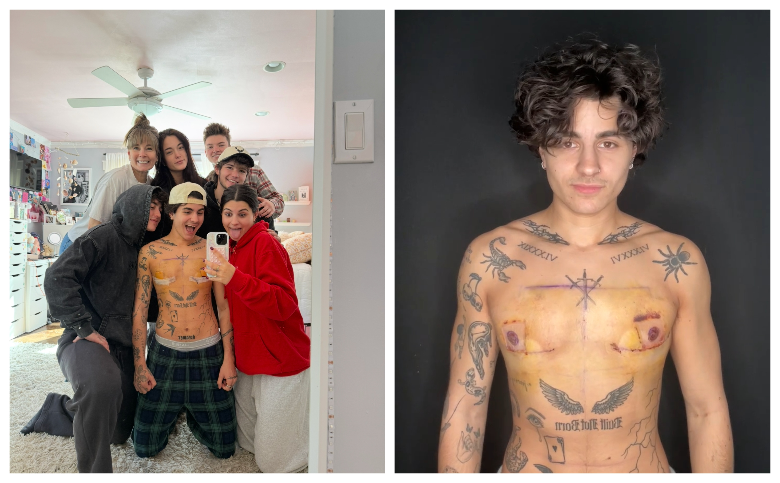 a young man with tattoos surrounded by friends on the left and posing shirtless on the right
