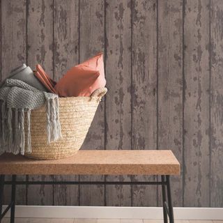 Mahogany wood hallway wallpaper with wooden bench and basket