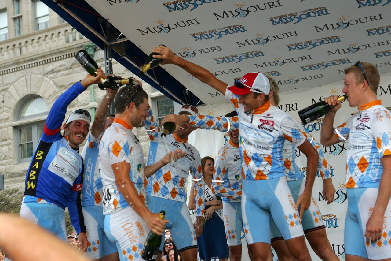 Slipstream celebrate taking the team prize at the 2007 Tour of Missouri, where Steven Cozza &ndash; left &ndash; also took the blue jersey as best young rider