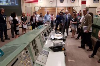 NASA, Cosmosphere, Space Center Houston and Texas Historical Commission representatives meet with officials from the National Park Service in the historic Mission Control room at NASA’s Johnson Space Center in Houston on April 18, 2017.