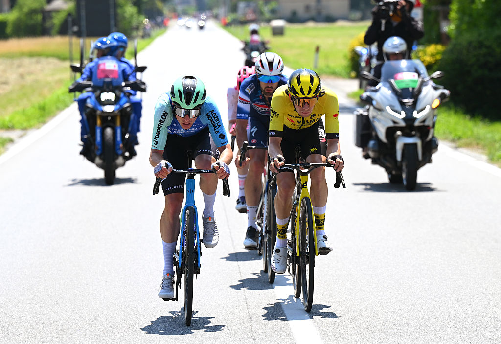 CHAMPOLUC ITALY MAY 30 LR Nicolas Prodhomme of France and Team Decathlon AG2R La Mondiale and Bart Lemmen of Netherlands and Team Visma Lease a Bike lead the breakaway during the 108th Giro dItalia 2025 Stage 19 a 166km stage from Biella to Champoluc 1574m UCIWT on May 30 2025 in Champoluc Italy Photo by Tim de WaeleGetty Images