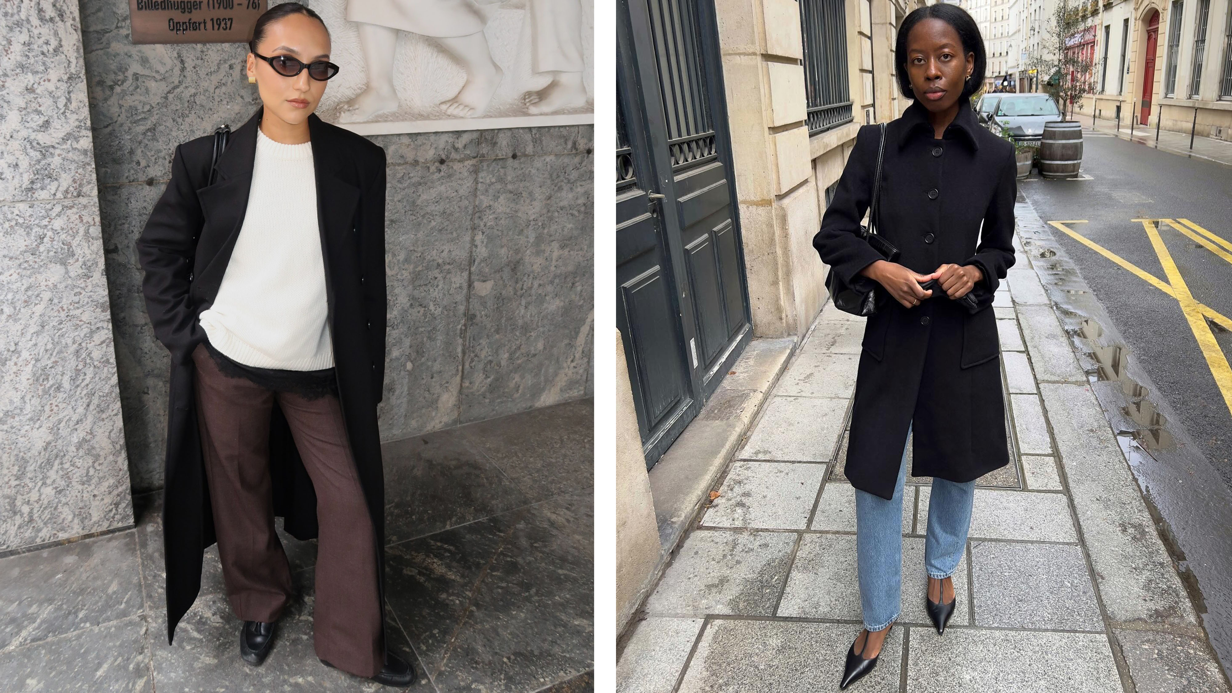 Two women in winter outfits featuring black coats and sweaters