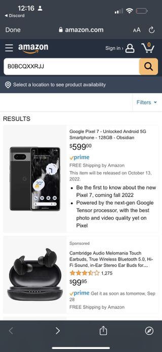 A screenshot from Amazon US which shows the Google Pixel 7 available for sale
