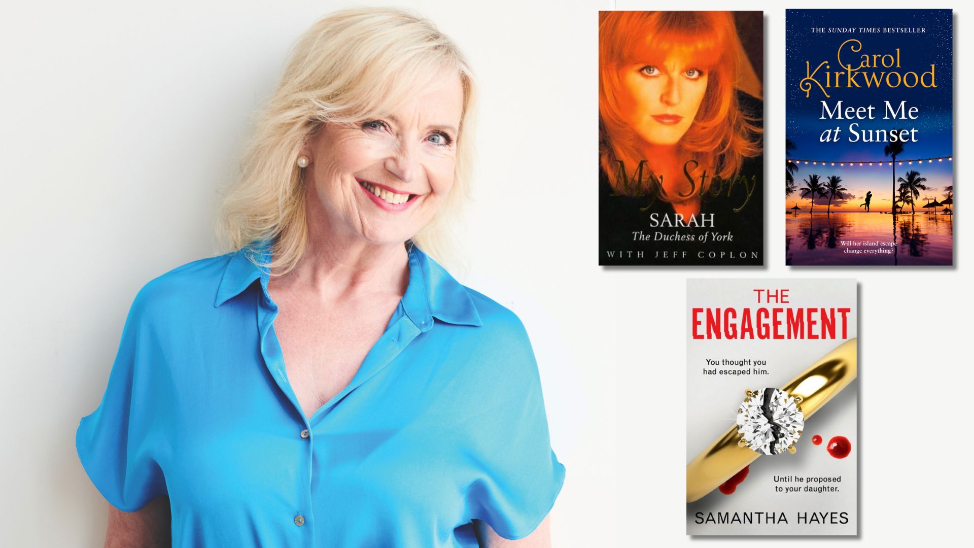 Carol Kirkwood smiles, wearing a blue blouse, beside the front cover of her book Meet me at Sunset