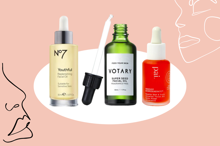 a collage of the best facial oils to buy online