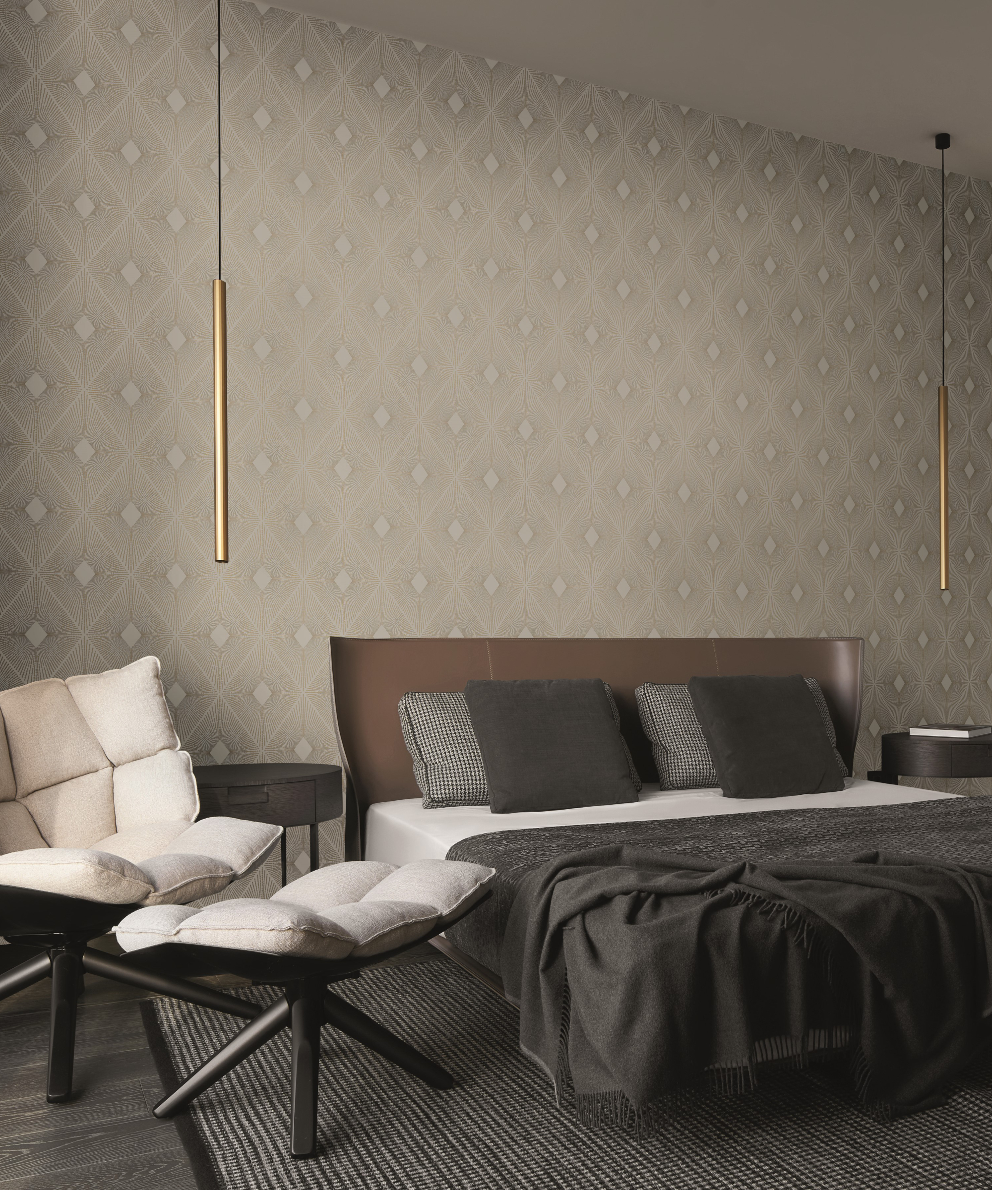 soft beige patterned wallpaper in bedroom with brown, gold and cream colour scheme