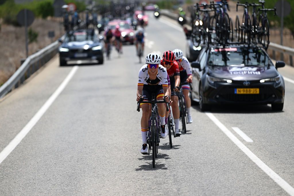LA RODA SPAIN MAY 03 Mavi Garcia of Spain and Team Liv Racing Teqfind leads the attack during the 9th La Vuelta Femenina 2023 Stage 3 a 1578km stage from Elche de la Sierra to La Roda UCIWWT on May 03 2023 in La Roda Spain Photo by Dario BelingheriGetty Images